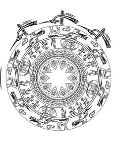 a drawing of a circular design with people and animals on it, in black and white