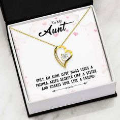 Niece Or Nephew To Aunt Necklace Heart Pendant With Message Card Free Gift Box Female Necklace For Aunt Heart Pendant Necklaces Auntie Gifts To My Aunt Necklace From Niece - I Love You Aunt Necklace. Necklace With Message Card Details: ➜ Cable chain measures 18 inch cable chain with 4 inch extension and lobster clasp. ➜ High polished heart pendant surrounding a flawless 6.5mm Cubic Zirconia ➜ Embellished with smaller Cubic Zirconia adding sparkle and shine. ➜ The pendant is 14k White Gold finish or 18k Yellow Gold finish. ➜ Free luxury gift box with Message Card! ➜ Our jewelry is hand-made in the U.S.A This Jewelry Item Is the Perfect Keepsake! Whether for Yourself or a Loved One. SHIPPING All of our items are custom made to order, some are even hand made. Necklace is about 3-5 days to be Aunt Necklace, To My Aunt, Female Necklace, Auntie Gifts, Love Jewelry, Necklace Heart, Luxury Gift Box, Necklace Necklace, Jewelry Women