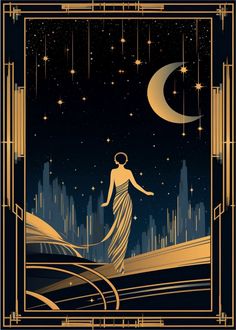 an art deco poster with a woman in the night sky and stars above her head