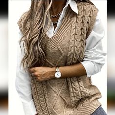 Women's Plus Size Khaki Cozy Knit Crochet Sleeveless Sweater Vest Runs Large Loose Pullover Sweater, Oversize Pullover, Winter Knit Sweater, Sleeveless Sweater Vest, Elegant Sweater, Winter Vest, Winter Pullover, Sweater Vest Women, Loose Pullover