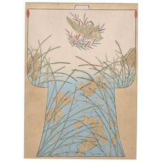 This is an original 1927 Japanese kimono woodblock design that dates to the early Showa Era (1926-1989). It is an extremely rare design plate that is characteristic of the period.  It exemplifies the finely detailed motifs using nature scenes and floral sprays.  Early Showa kimonos often had large design elements.  This selection is unique with its delicate gold metallic ink in the floral circle motifs that shimmer in light as would the silk threads typically used in early Showa kimonos.   In th Japanese Kimono Fashion, Japanese Nature, Floral Circle, Showa Era, Kimono Design, Kimono Pattern, Floral Spray, Japanese Design, Japanese Kimono