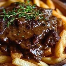 a wooden plate topped with french fries covered in meat and gravy on top of it