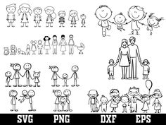 the family is drawn in black and white with different poses for each individual to draw