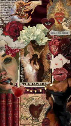 altered collage with images and words on it's side, including an image of a woman