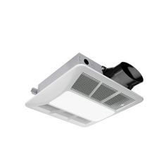 a white bathroom exhaust fan with light on the side and black ventilator above it