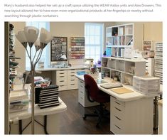 an office with lots of drawers, desks and shelves filled with papers on top of them