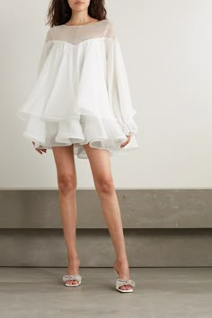 Rime Arodaky's mini dress is perfect for any bridal occasion. It's designed with a tulle neckline embellished with sparkling beads and has tiers of white silk-organza that fall to structured ruffles at the hem. The billowy sleeves add to its beautiful volume. Style yours with tonal sandals and minimal jewelry. Rime Arodaky, Minimal Jewelry, Silk Organza, Red Mini Dress, White Silk, White Mini Dress, Tulle Dress, Ruffle Dress, Net A Porter