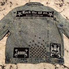 One Of A Kind Brand New Distressed Acid Wash Lightweight Denim Jacket Modified By Hand With Patches, Safety Pins, And Distressed Studs. Lightweight Denim Perfect For Spring Or Layering, Looks Great Over A Hoodie! Patches: Green Pizza Pentagram, The Black Legions, Venom, Shining, Dimmu Borgir, And Rock The 40 Oz (Leftover Crack) Size Xl 21.5" From Armpit To Armpit Diy Goth Punk Metal Band Egirl Baphomet Pentagram Satan Satanic Evil Checkerboard Studded Fall Punk Denim Jacket With Pockets, Spring Rock Outerwear For Streetwear, Spring Rock Style Streetwear Outerwear, Rock Style Spring Outerwear For Streetwear, Alternative Style Outerwear For Concerts In Spring, Alternative Style Outerwear For Spring Concert, Alternative Spring Outerwear For Concerts, Grunge Spring Outerwear For Concert, Alternative Cotton Outerwear For Concerts