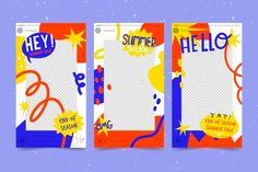 three colorful posters with the word hello written in different colors and shapes, on a blue background