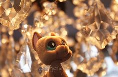 a brown cat figurine sitting on top of a table next to crystal chandelier