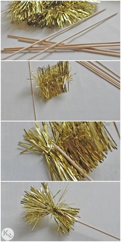 gold tinsel is being used to make a christmas tree ornament with sticks