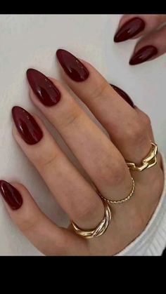 Simplistic Red Nails, Fall Nails Basic Design, Dark Red Gel X Nails, Fall Deep Red Nails, Simple Almond Nails Fall, That Girl Nails Aesthetic, Winter Nails Dark Red, Nails For September Fall, Dark Red Color Nails