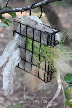 a bird feeder hanging from a tree branch with grass in it's cage on top