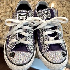 Like Brand New, Used For Stage Per Pose Only, Purple, Swarovski Crystal Bedazzled. Size 1.5 Bedazzle Patterns, Bejeweled Sneakers, Beaded Converse, Things To Bedazzle, Camo Converse, Bedazzled Stuff, Bedazzled Shoes Diy, Converse Tennis Shoes, Bedazzled Shoes