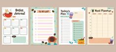 three printable planner pages with coffee cups on them