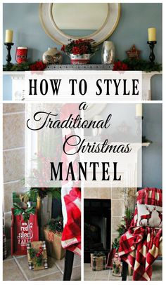 a christmas mantle decorated with red and white plaid