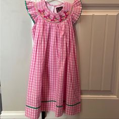 Super Cute Easter Dress! Pink Gingham With Green Piping And Smocked Pink Bunnies Around Collar. Never Worn! Cute Gingham Smocked Dress With Ruffles, Cute Gingham Smocked Dress, Cute Gingham Smocked Cotton Dress, Cute Cotton Smocked Dress In Gingham, Spring Gingham Smocked Dress With Smocked Cuffs, Cactus Dress, Cute Easter, Pink Gingham, Easter Dress