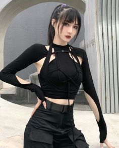 Black Strappy Long Sleeves Top | Chung Ha - Fashion Chingu Crop Top Design, Crop Top Designs, Black Clothing, Cropped Tops, Mode Inspo, Really Cute Outfits, Neck Lace, Edgy Outfits, Character Outfits