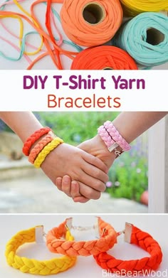 two different types of bracelets with text that reads diy t - shirt yarn bracelet