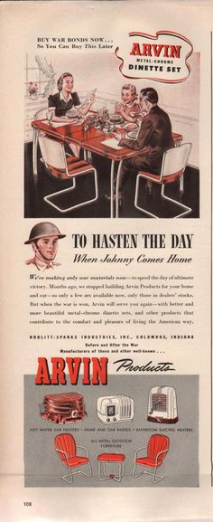 an advertisement for the arvin furniture company, featuring two men sitting at a table