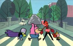 cartoon characters walking across the street in front of a crosswalk with cars and buildings