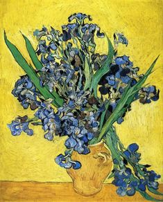 a painting of blue flowers in a yellow vase