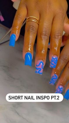 Short Full Set Nails Acrylics Summer, Royal Blue And Gold French Tip Nails, Short Acrylic Nails Designs For Summer, Blue Short Acrylic Nails Designs, Shorties Nails Summer Colors, Blue Short Nail Designs, Cute Blue Nail Designs, Blue Short Acrylic Nails, Short Nail Designs Summer