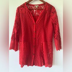 Lucky Brand Lace Red Elegant Bohemian Style Blouse Button Front Blouse Sz M - New Without Tags . Never Worn, Still Has Tag To Be Removed Before First Wear Or Wash. Lucky Brand Lace Button Down Top Perfect For The Holidays, Dress Up Or Down. Questions? Leave A Comment Below! Red V-neck Blouse With Buttons, Red V-neck Blouse With Button Closure, Bohemian Red Button-up Top, Bohemian Red Tops With Buttons, Red Bohemian Blouse With Buttons, Fitted Bohemian Blouse With Button Closure, Knot Shirt, Chambray Denim Shirt, Elegant Bohemian