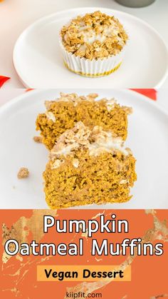 pumpkin oatmeal muffins on a plate with the title overlay