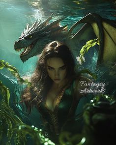 a beautiful woman standing in the water next to a dragon