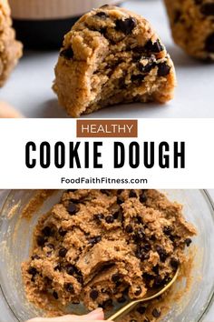 healthy cookie dough in a glass bowl with a bite taken out of it and the title text overlay reads healthy cookie dough