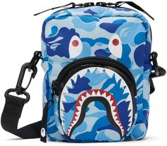 BAPE: Blue Mini ABC Camo Shark Bag | SSENSE Shark Bag, Bape Outfits, Blue Logo, Logo Graphic, Blue Bags, Luxury Streetwear, Patch Pocket, Camouflage, Messenger Bag