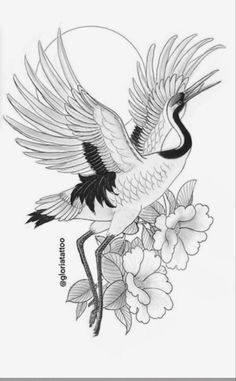 a drawing of a crane with flowers on it's back and its wings spread