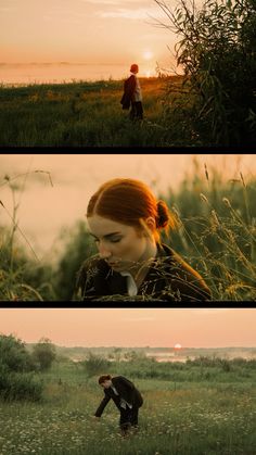 three different shots of a woman in a field with the sun setting behind her and grass blowing in the wind