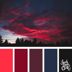 the sky is covered in red and blue colors, while the trees are silhouetted against it