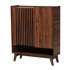 the sideboard is made out of wood and has vertical slats on one side