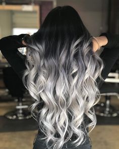 17 Stunning Examples of Balayage Dark Hair Color White Ombre Hair, Black To Silver Ombre, Black Haircut Styles, Silver Ombre Hair, Grey Ombre Hair, Black Roots, Silver Ombre, Ombré Hair