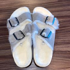 Arizona Genuine Shearling Lined Slide Sandal (Women) // Never Worn Comfortable Non-slip Gray Slides, Birkenstock Grey Fluffy, Birkenstock Arizona Shearling, Cheap Gray Slip-on Slippers, Birkenstock Colors, Shearling Cushioned Slip-on Slippers, Birkenstock Women, Rubber Sandals, Birkenstock Shoes