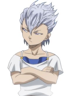 an anime character with white hair and blue eyes, standing in front of a white background