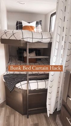 bunk bed curtain hack with the words bunk bed curtain hack on it and an orange pillow