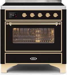 an oven with two burners on the front and one door open to show it's cooking area