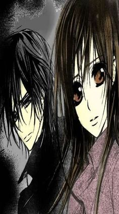 two anime characters standing next to each other in front of a black and white background