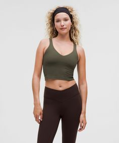 When Feeling Nothing Is Everything. The Lululemon Align Collection, Powered By Nulu Fabric, Is So Weightless And Buttery Soft, All You Feel Is Your Practice. Designed For Yoga. Sizes 0-14 Fit A/b Cups:sizes 16-20 Fit C/d Cups:tight Fit Contours Your Body:cropped Length Is Cut Above The Waist-Perfect With High-Rise Pants:intended For Low-Impact Activities. Built-In Shelf Bra For Added Support And Coverage. Pockets For Optional, Removable Cups. | Lululemon Align™ Tank Top Light Support, A/B Cup Lululemon Functional Summer Top, Functional Lululemon Tops For Summer, Sporty Lululemon Tops For Pilates, Lululemon Top With Built-in Bra For Gym, Seamless Lululemon Top For Gym, Lululemon Seamless Top For Gym, Lululemon Seamless Sports Bra, Lululemon Moisture-wicking Tops, Green Lululemon Activewear For Yoga