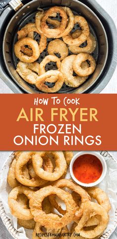 air fryer frozen onion rings on a plate with ketchup and dipping sauce