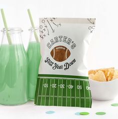 a football themed party with green drinks and snacks