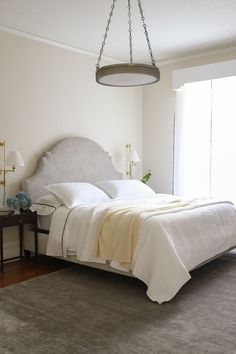 a bedroom with a bed, nightstands and lamps on the side tables in front of a window