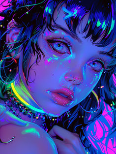 a digital painting of a woman's face and body with neon lights on it