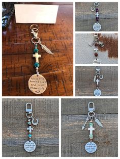 several pictures of different key chains with charms attached to them and the words on each one