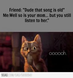 an image of a cat saying friend dude that song is old mewell so your mom but you still listen to her