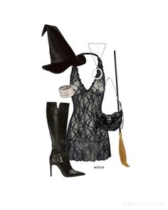 a woman's halloween costume and accessories including boots, hat, gloves, and handbag